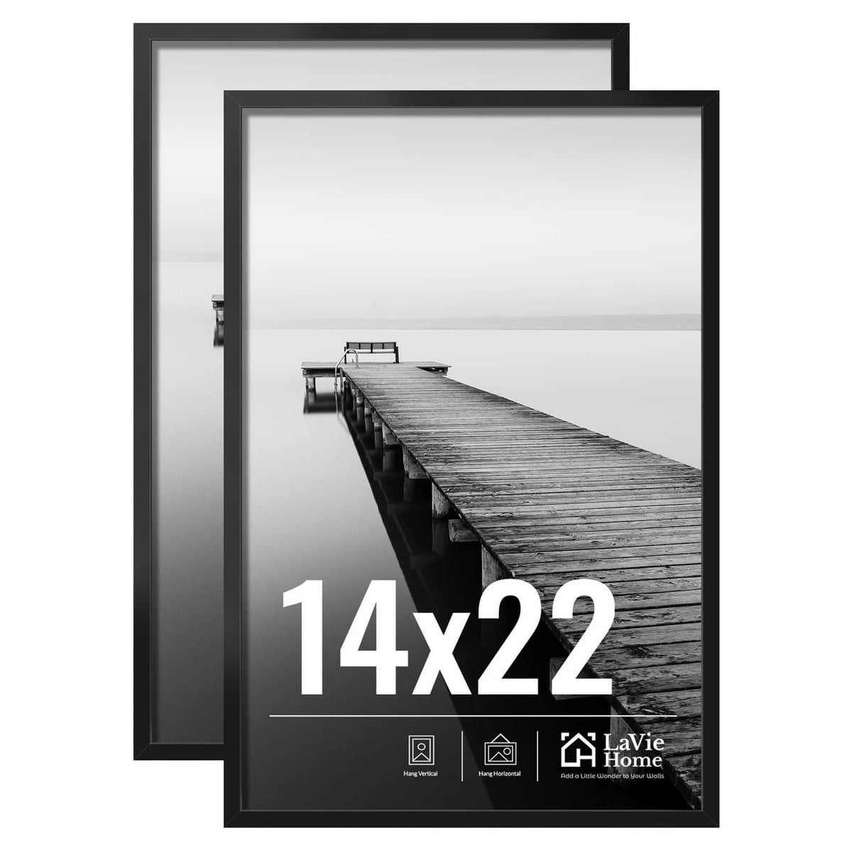 Black 14x22 picture frame set, two-pack with clear front and sturdy border