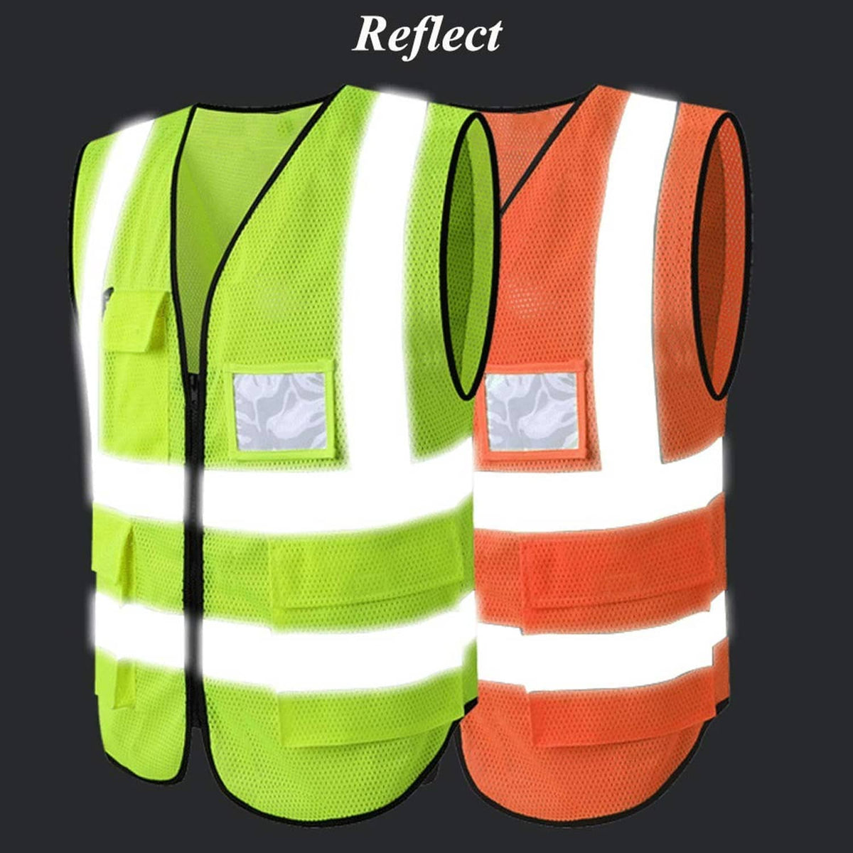 Reflective high-visibility vest pair with bright white bands on neon lime and orange