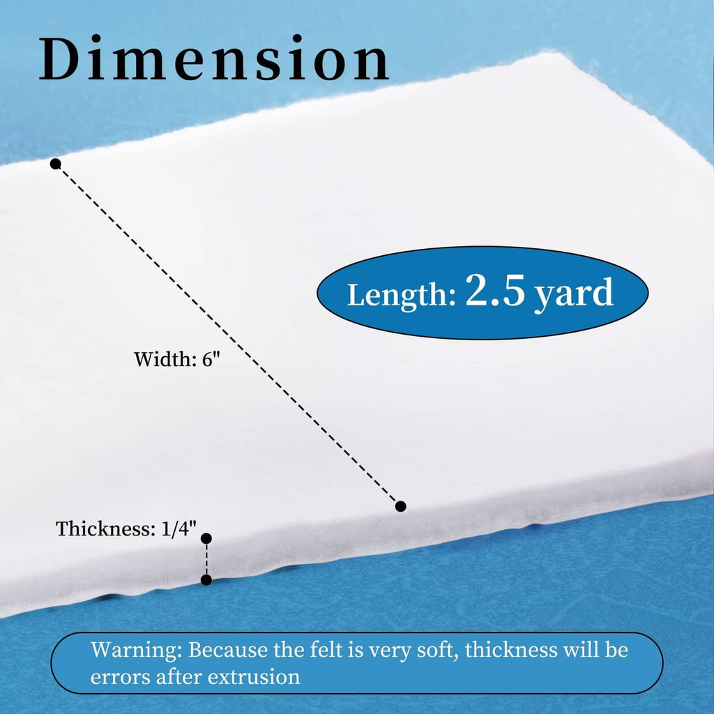 White adhesive felt sheet with dimensions: width 6 in, thickness 1/4 in, length 2.5 yd.