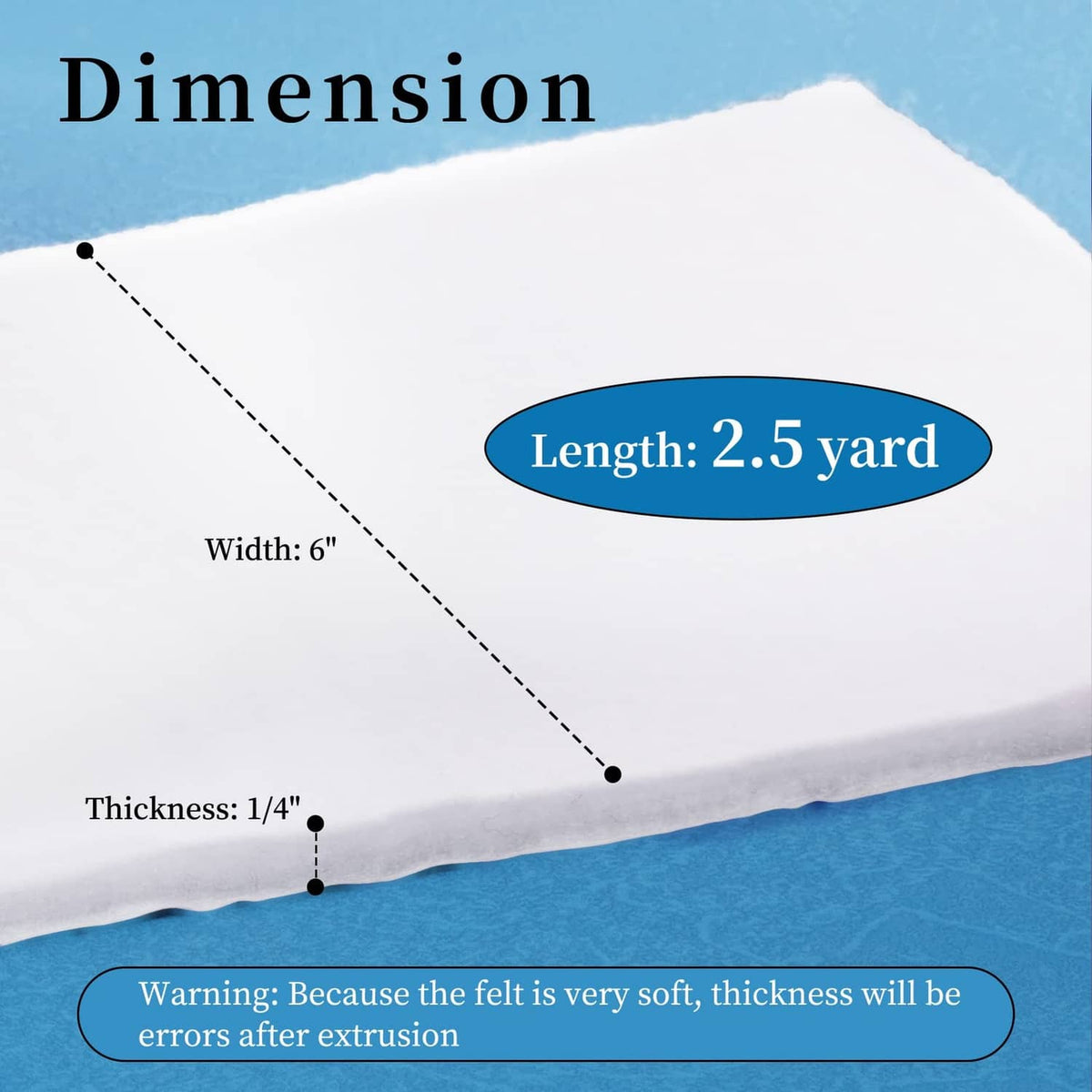 White adhesive felt sheet with dimensions: width 6 in, thickness 1/4 in, length 2.5 yd.