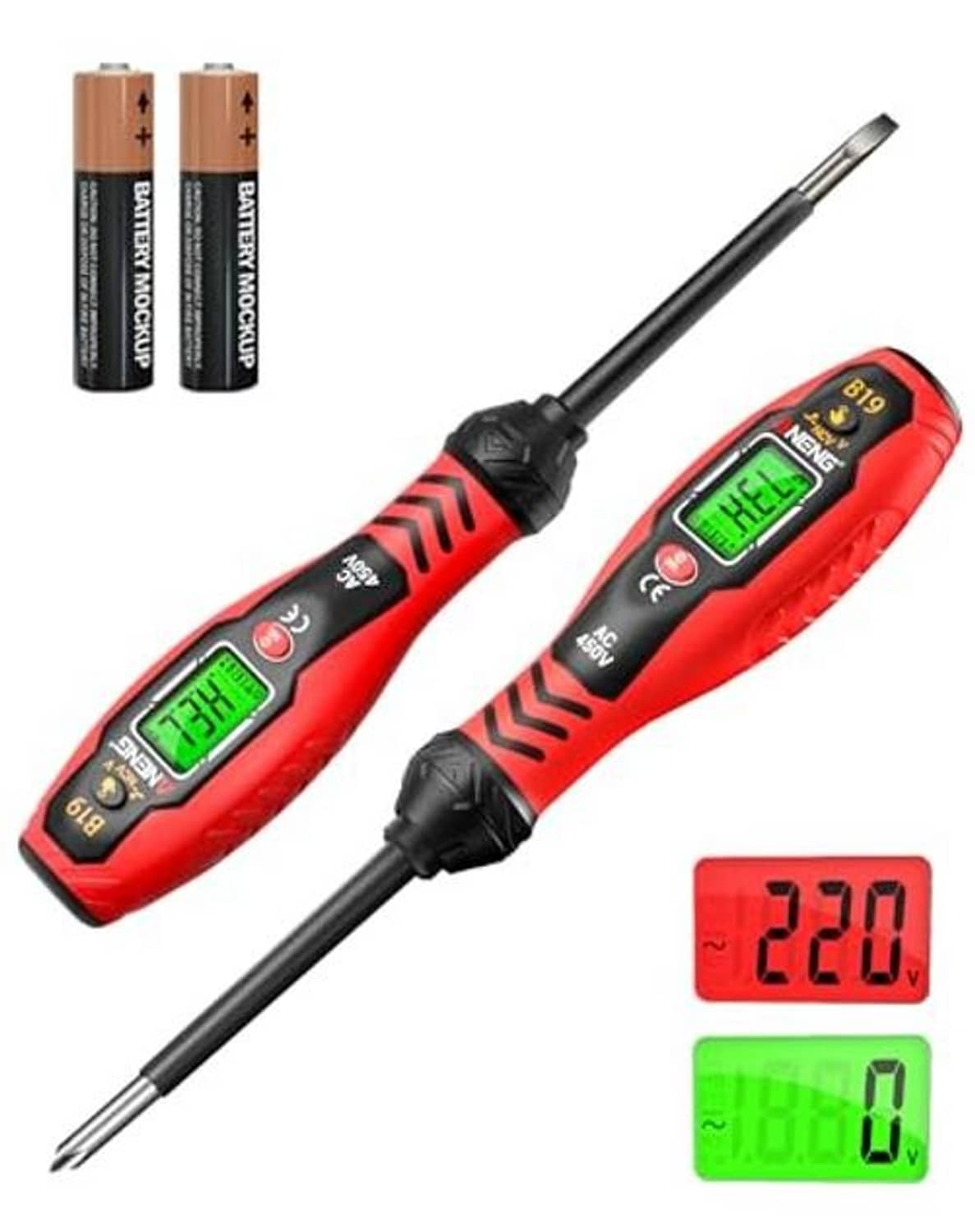Red voltage tester screwdriver with green and red LCD readings and metal probe tip