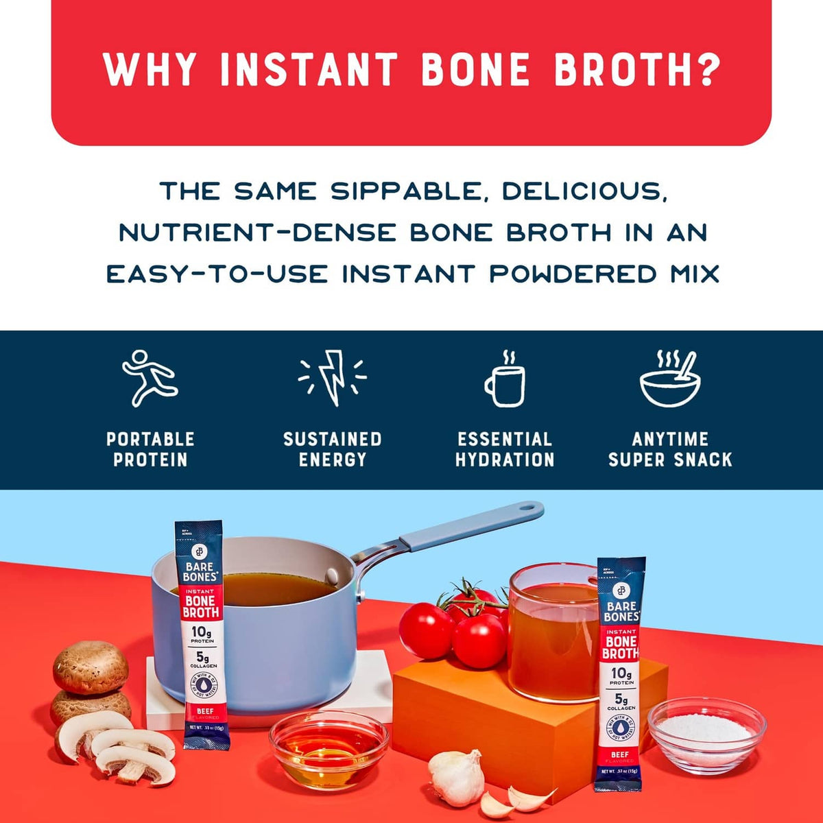 Instant bone broth powder packets with saucepan, mug, and small jars