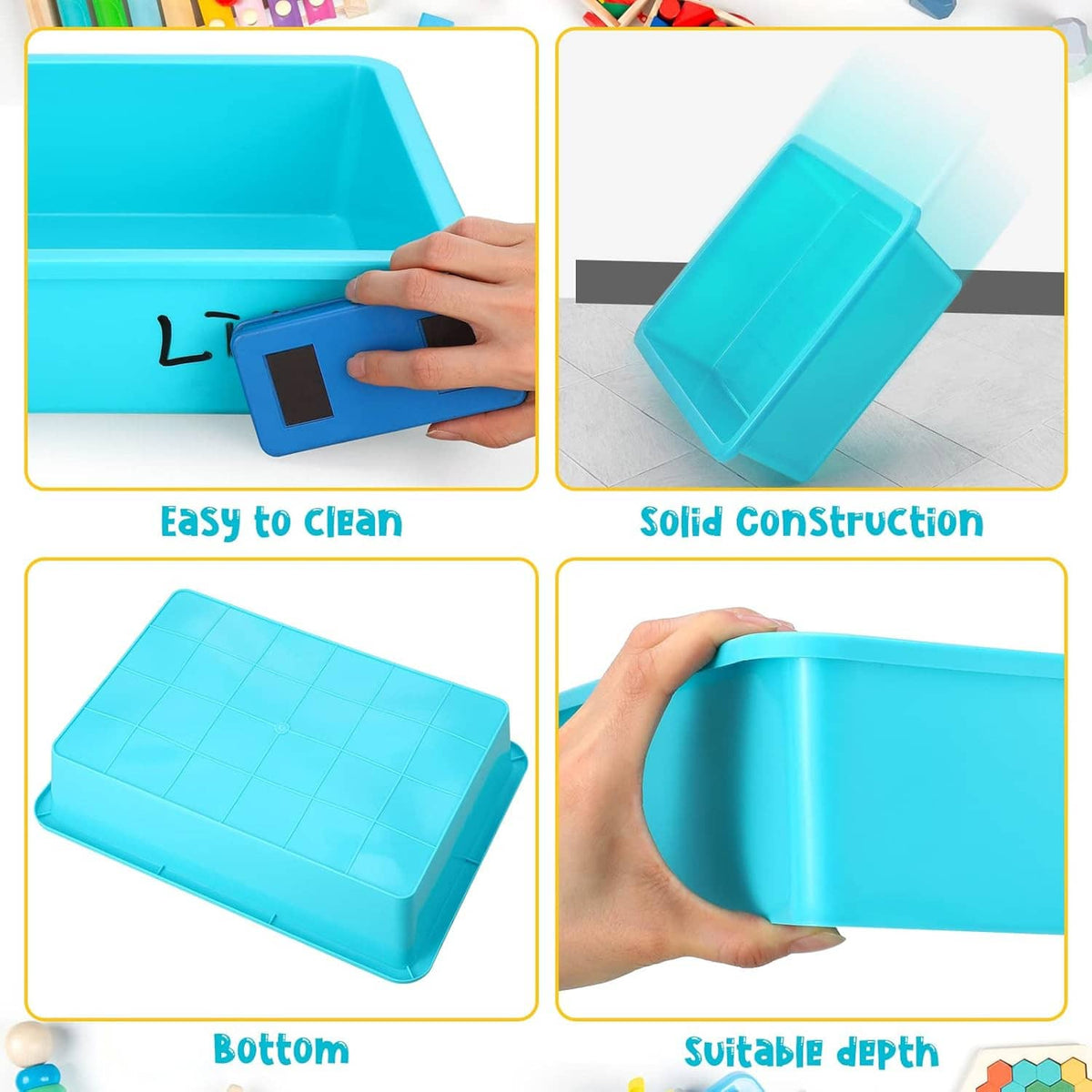 Teal plastic storage tray bin showing sturdy sides and grip for lifting