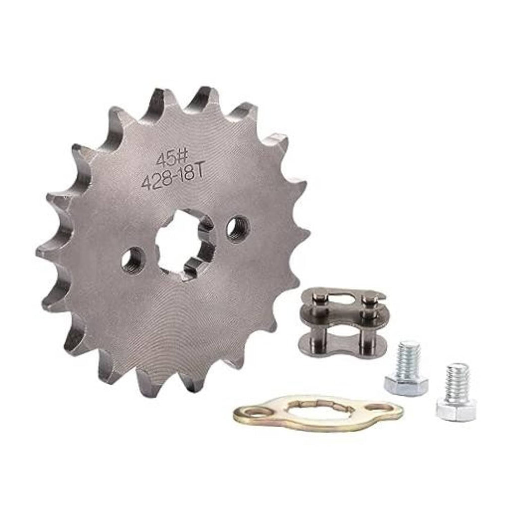 Motorcycle front sprocket 428-18T with mounting hardware and chain master link