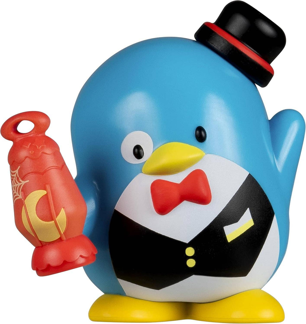 Cartoon blue penguin Halloween figure with black top hat, red candle