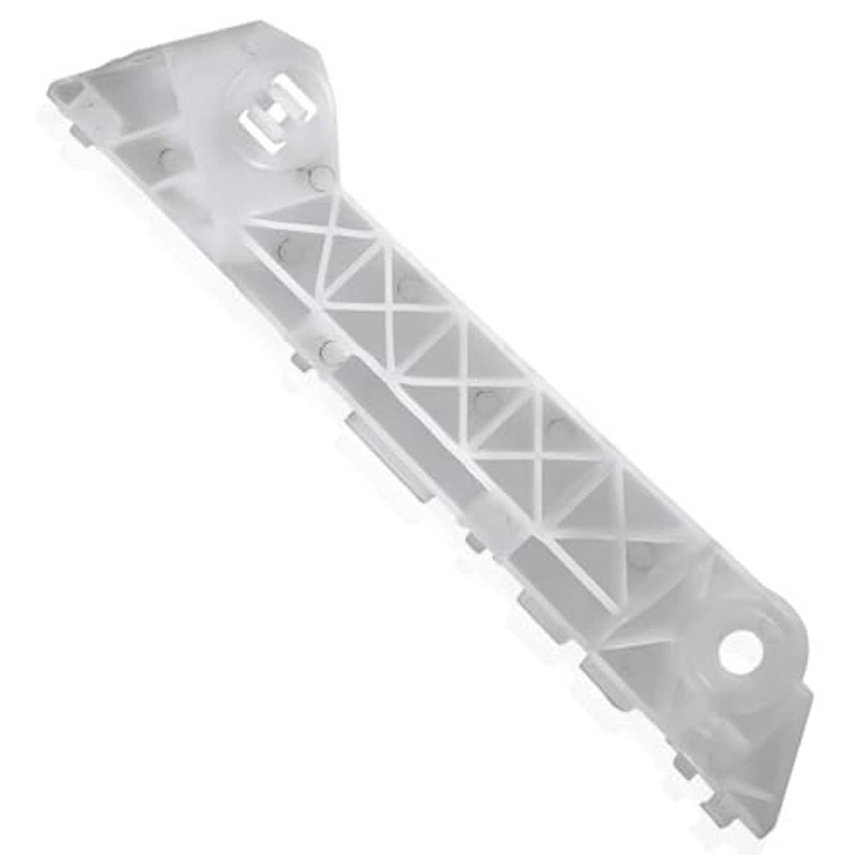 Front bumper side support bracket, white plastic with mounting holes and grid ribs.