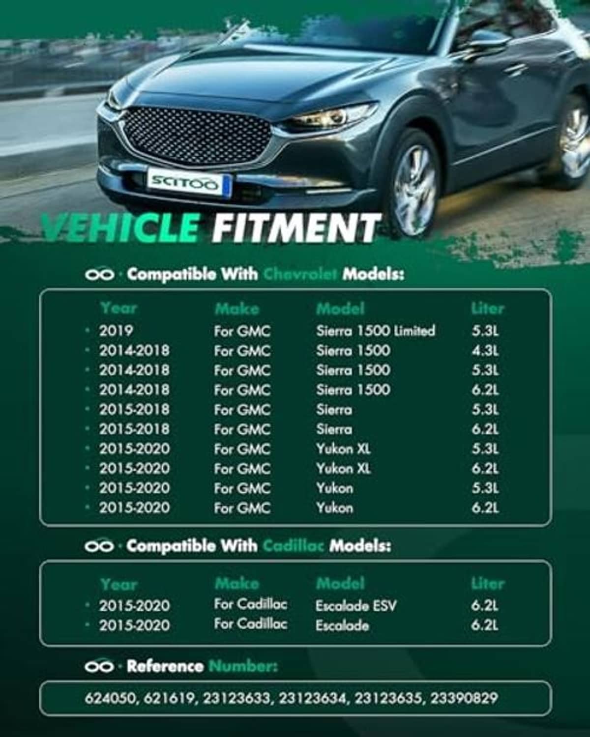 Vehicle front view with radiator cooling fan fitment compatibility table overlay