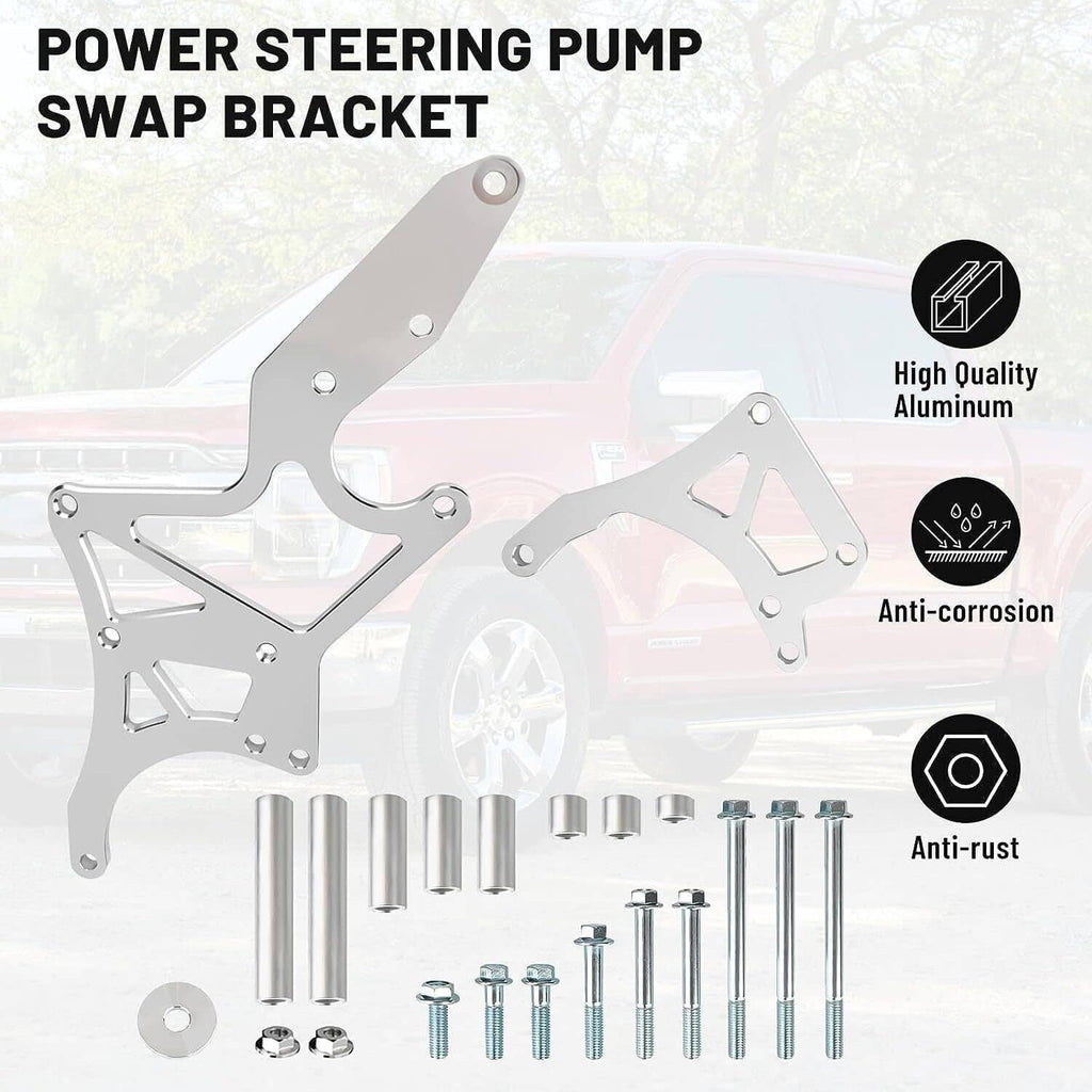 Silver aluminum power steering pump swap bracket kit with bolts, nuts, and spacers