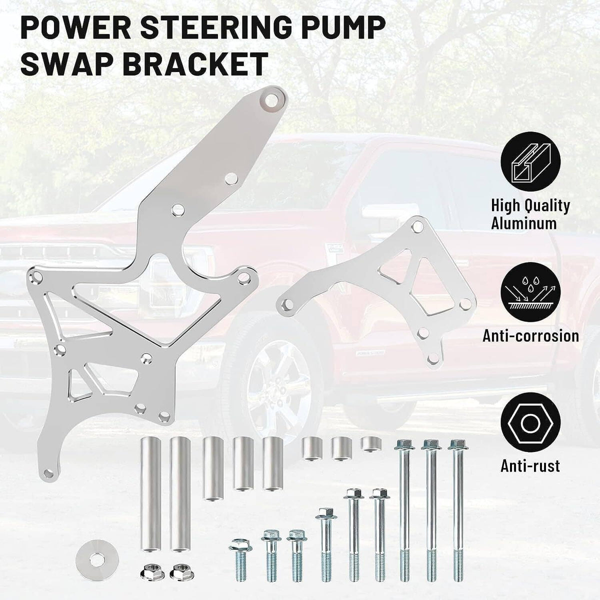 Silver aluminum power steering pump swap bracket kit with bolts, nuts, and spacers