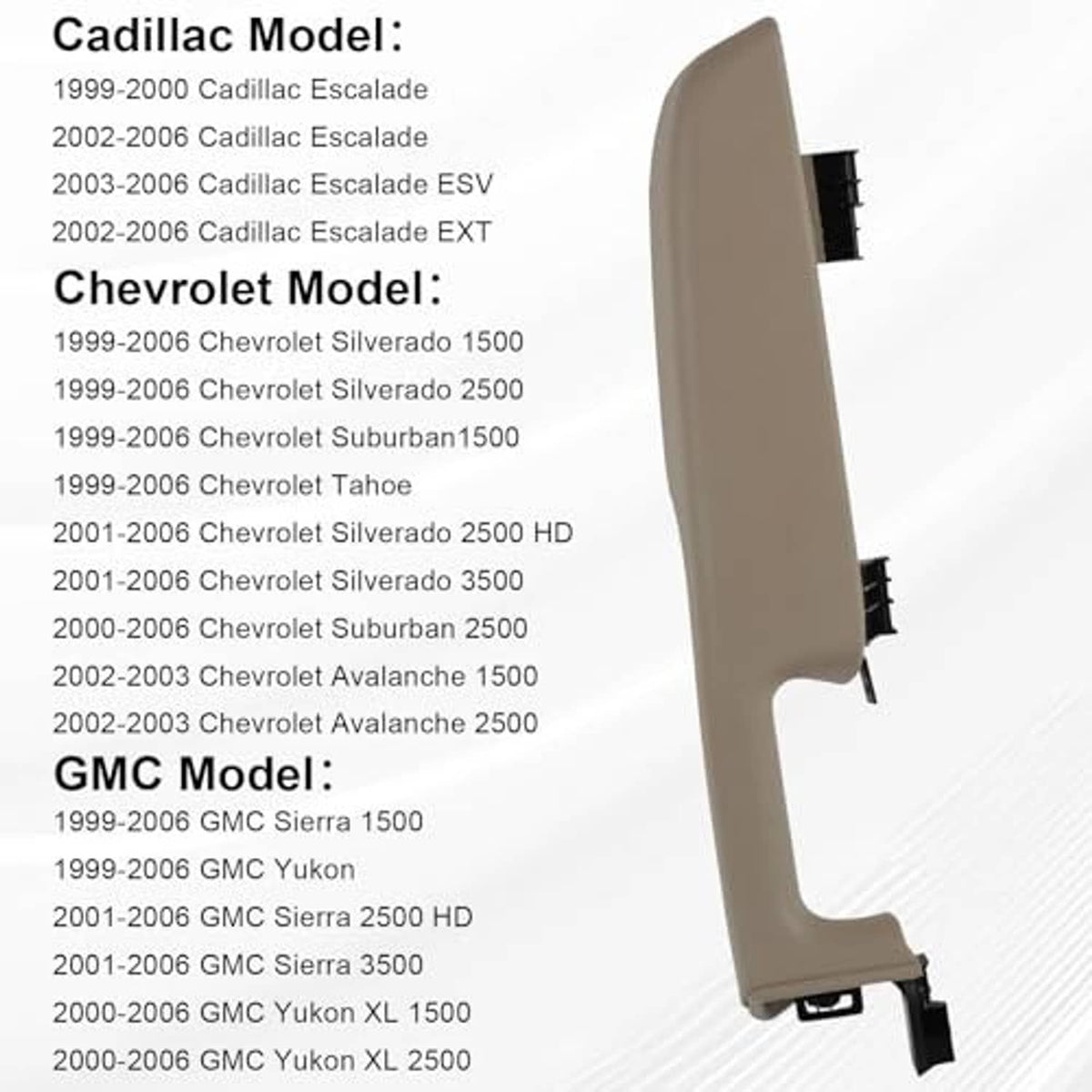 Beige front door armrest cover with black mounting pegs and side notch