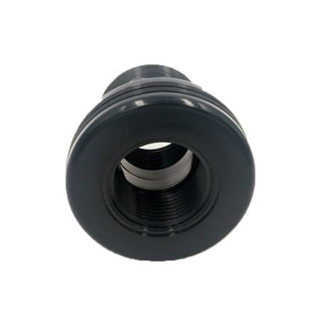 Black threaded bulkhead fitting, close-up of internal threads