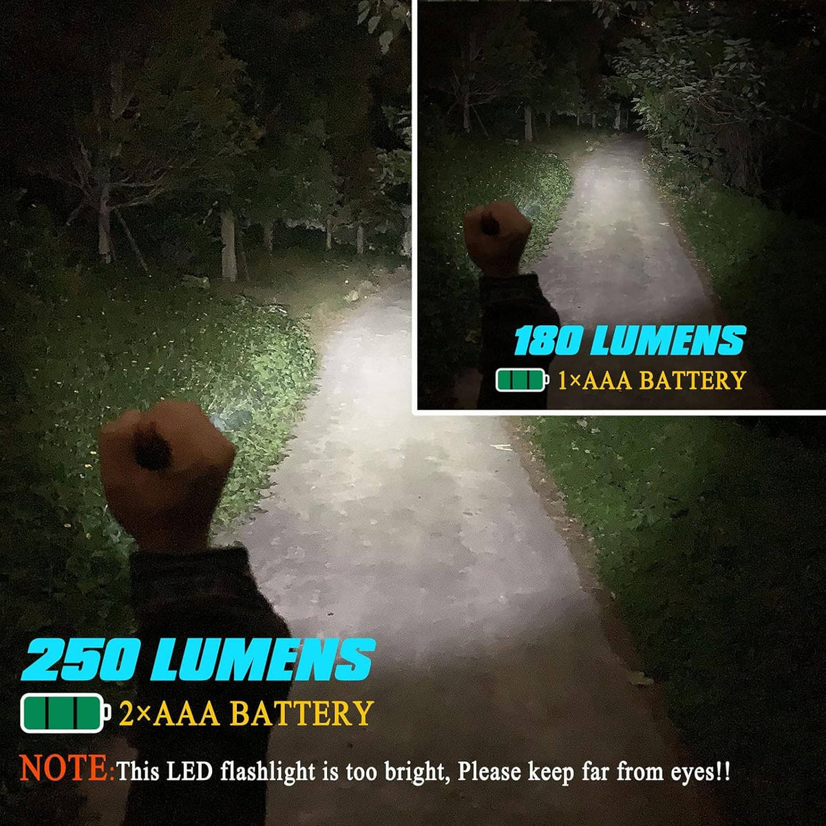 Compact black mini LED flashlight pen casting bright light along a dark path.