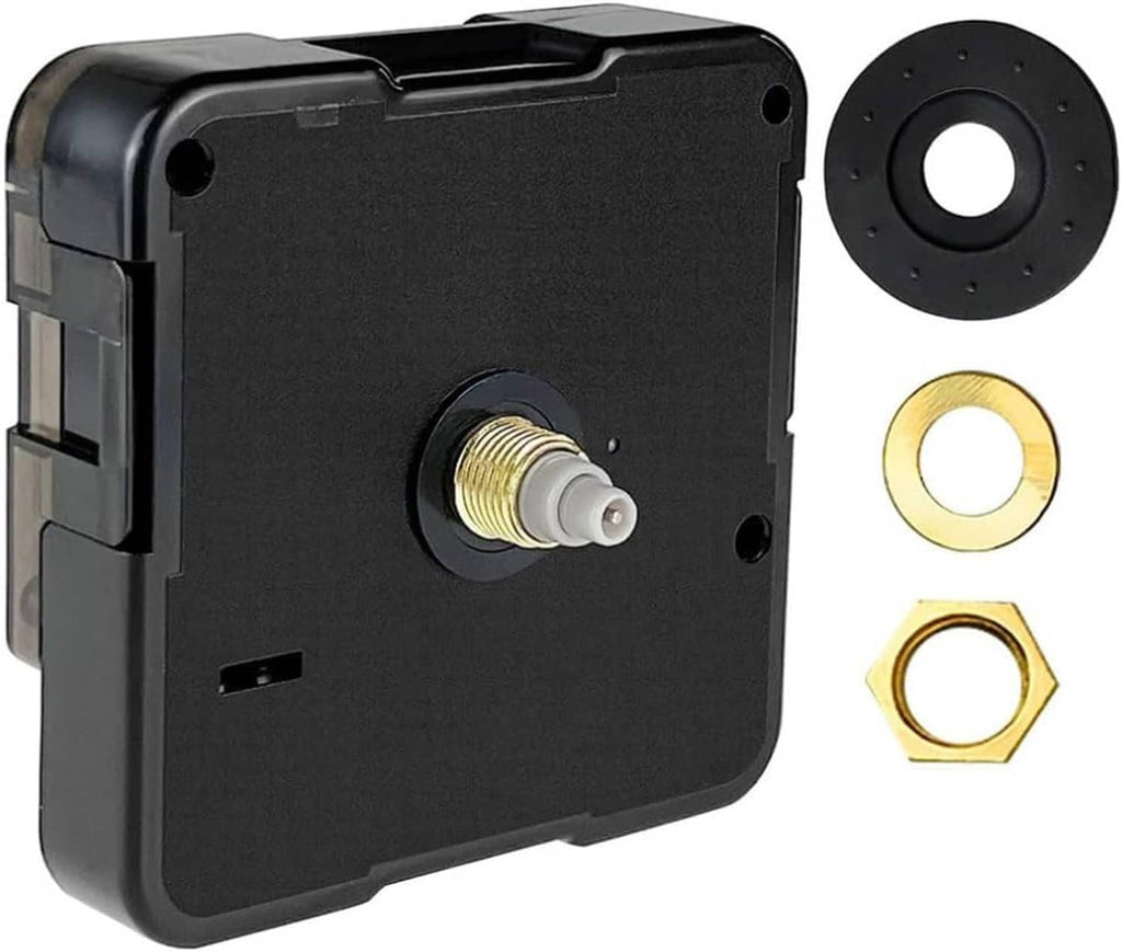 Battery-operated quartz clock movement replacement with shaft, washer, and mounting parts