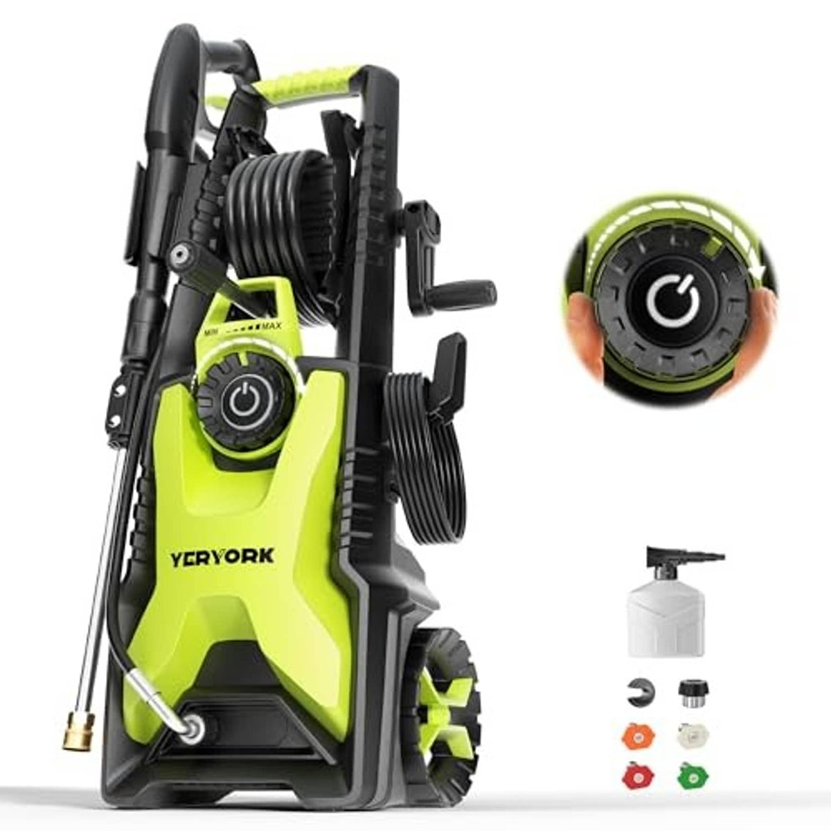 Electric pressure washer in lime green with black handle, side hose reel, and power dial