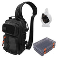 Black fishing sling backpack with front zip pockets and adjustable shoulder strap