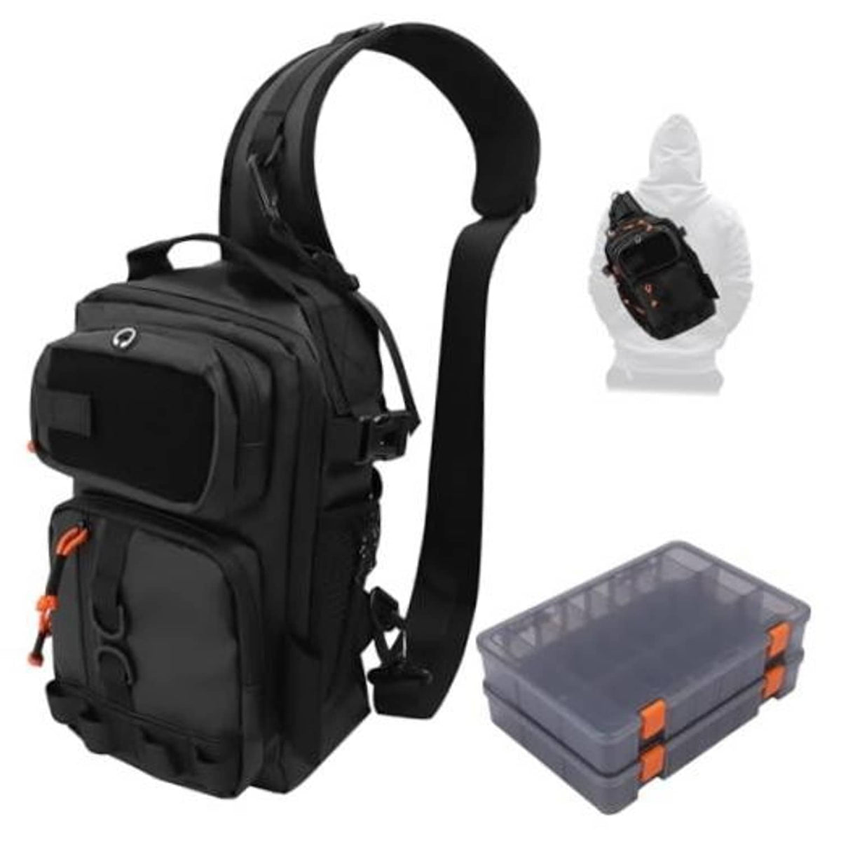 Black fishing sling backpack with front zip pockets and adjustable shoulder strap