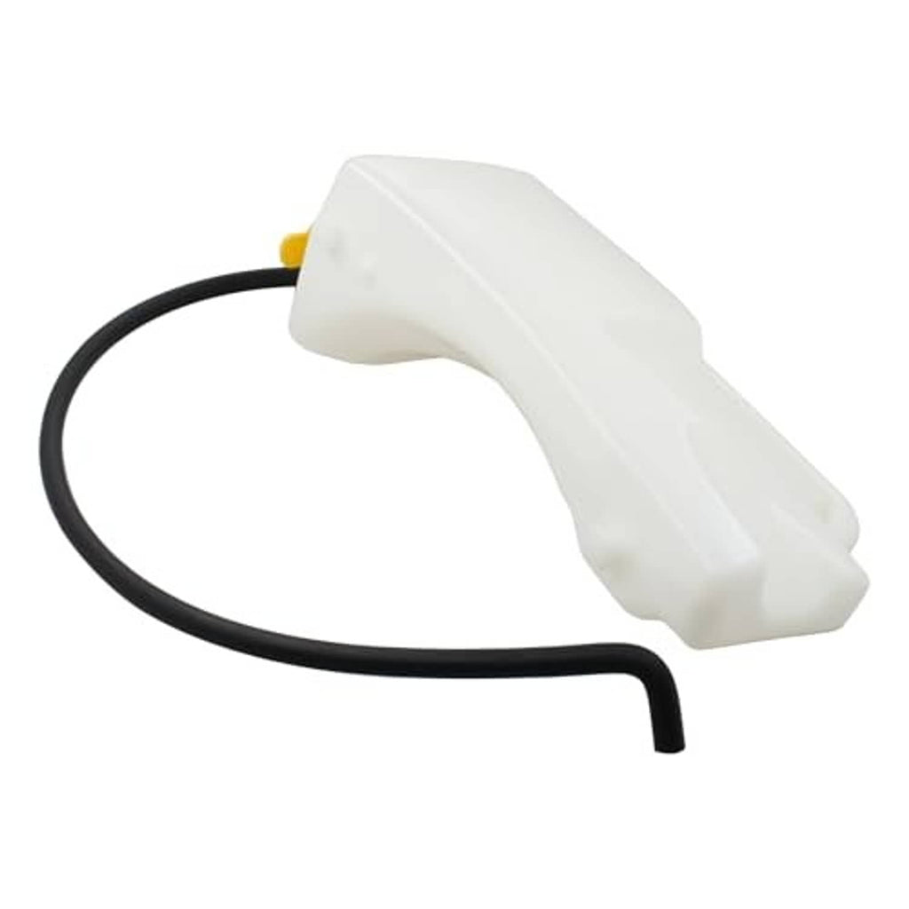 White coolant reservoir tank with black hose loop and yellow cap, close angle