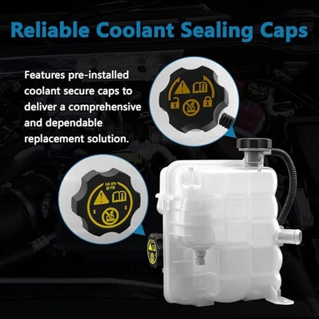 Radiator surge tank with coolant sealing caps and black warning label, white reservoir