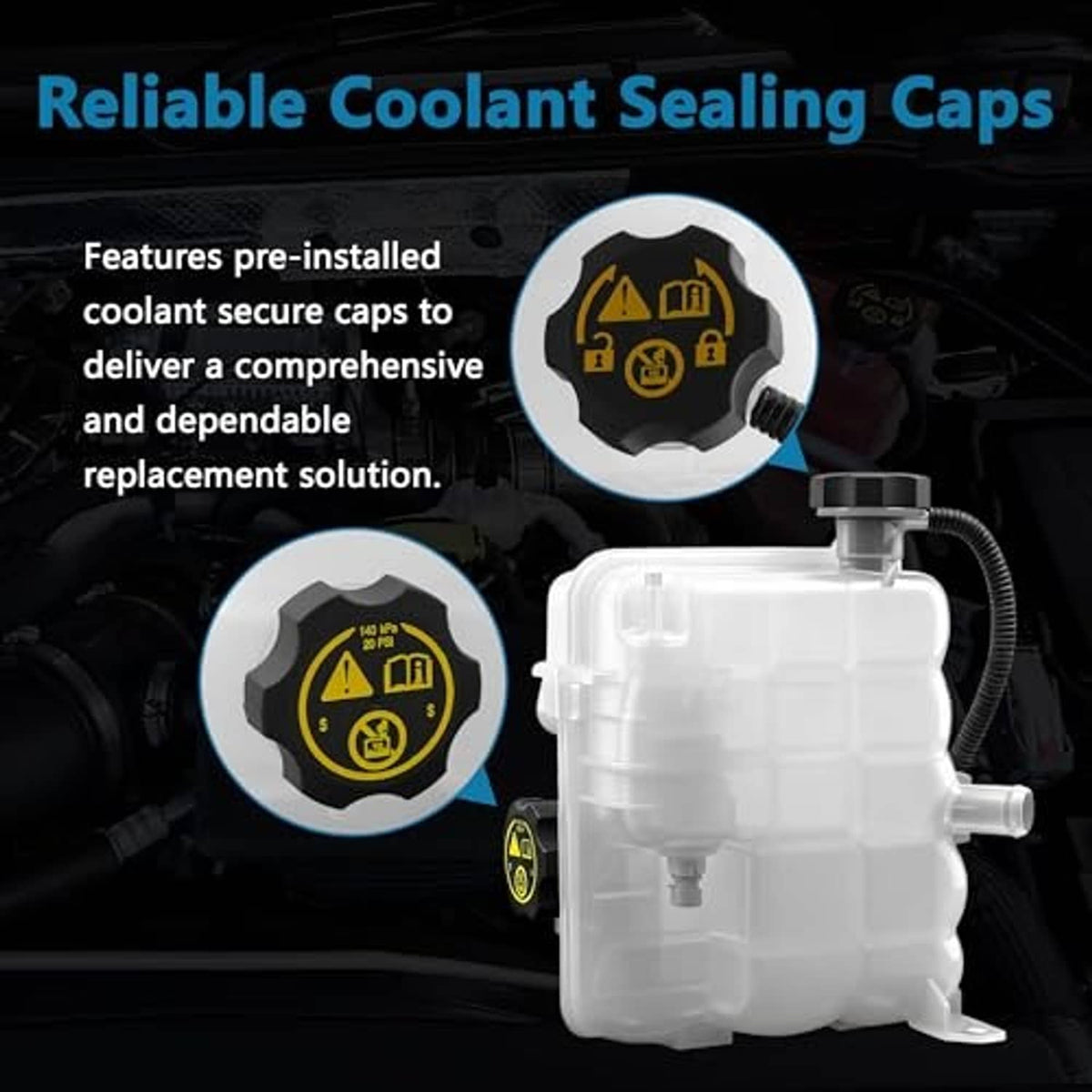 Radiator surge tank with coolant sealing caps and black warning label, white reservoir