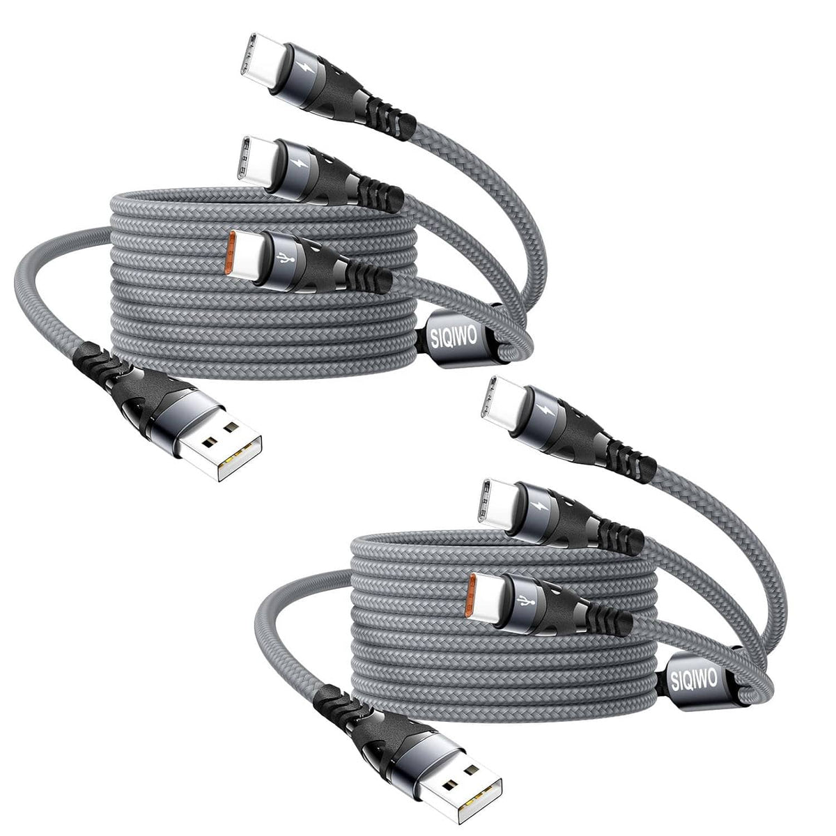 Nylon-braided 3-in-1 USB C multi-charging cable set with USB-A plug and three USB-C ends