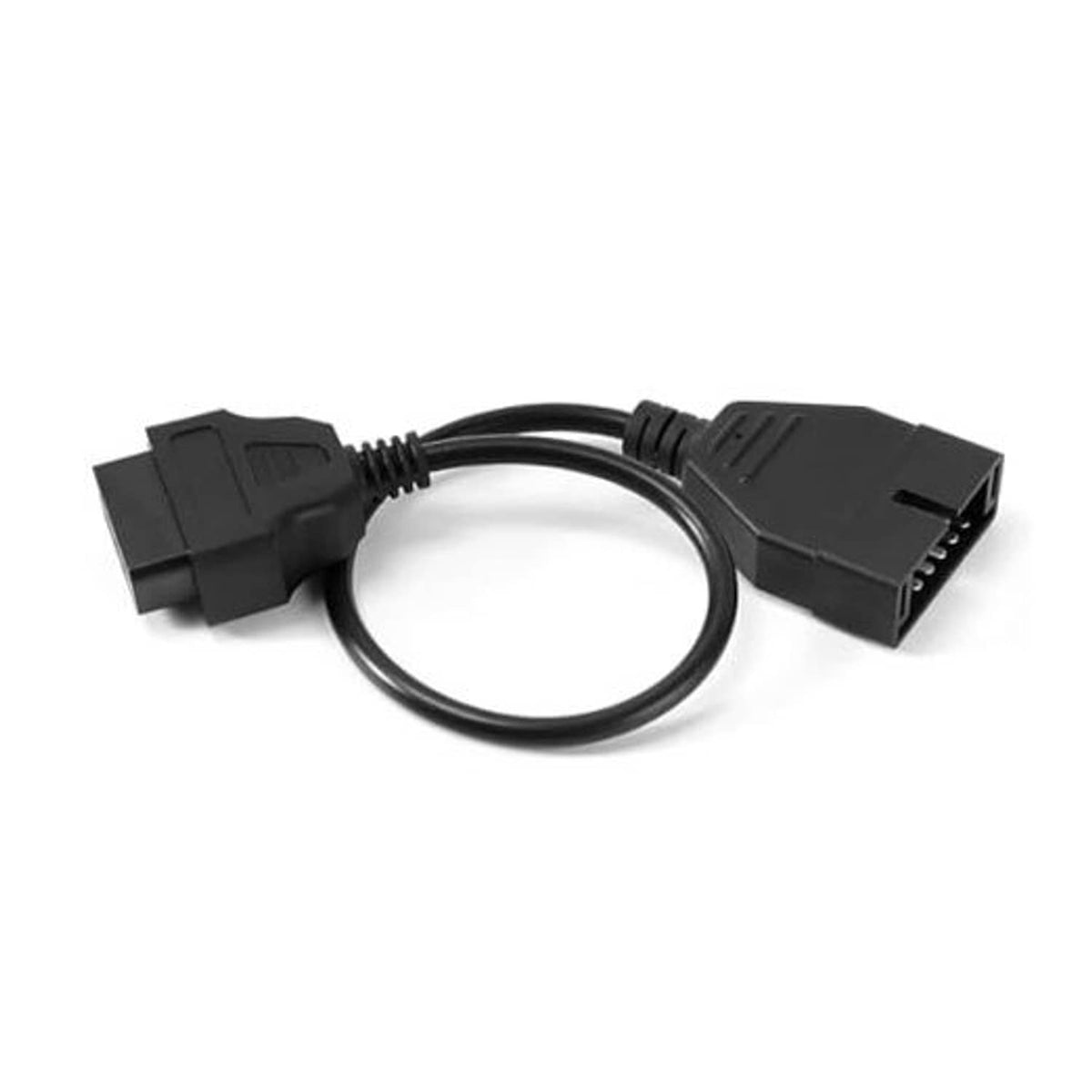 OBD diagnostic adapter cable with black connectors, 12-pin to 16-pin, flexible cord
