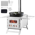 Portable wood stove with chimney pipe and side cooking grate