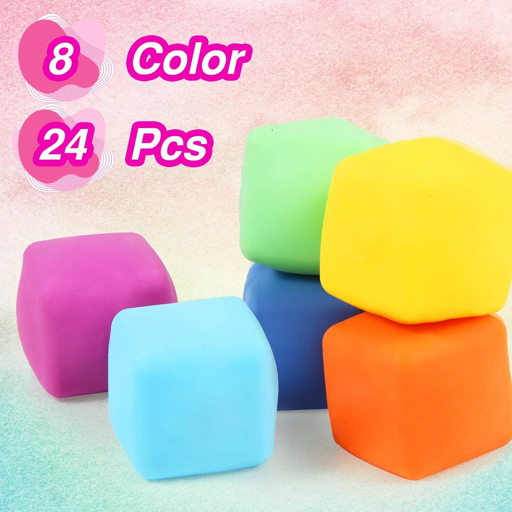 Assorted colorful square stress cubes in blue, purple, green, orange, and yellow