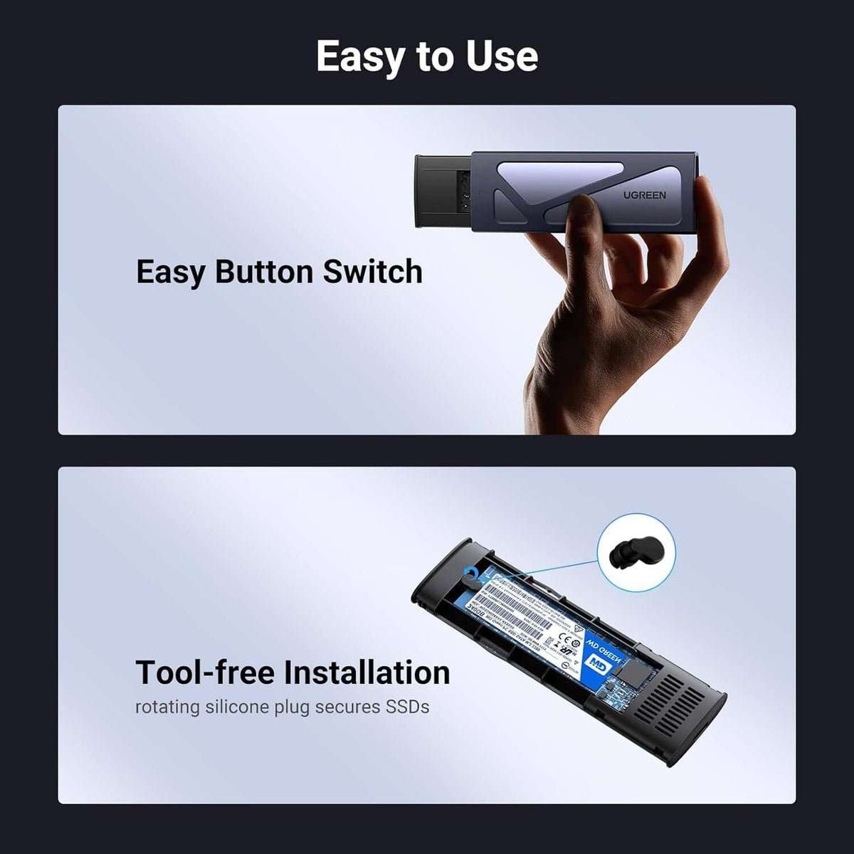 UGREEN NVMe SSD enclosure with easy switch and tool-free installation design