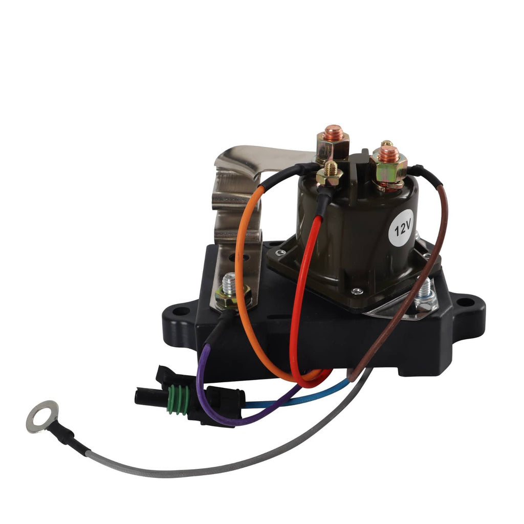 Glow plug relay controller with black base, copper studs, and orange and purple wire loops