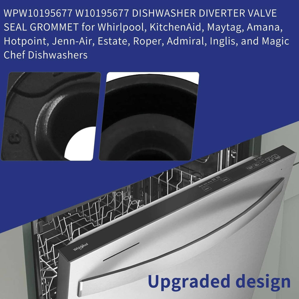 Black dishwasher diverter valve seal grommet with center hole and embossed ring