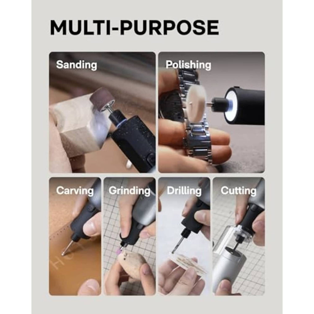 Multi-purpose cordless rotary tool with sanding, polishing, grinding, carving, and drilling bits