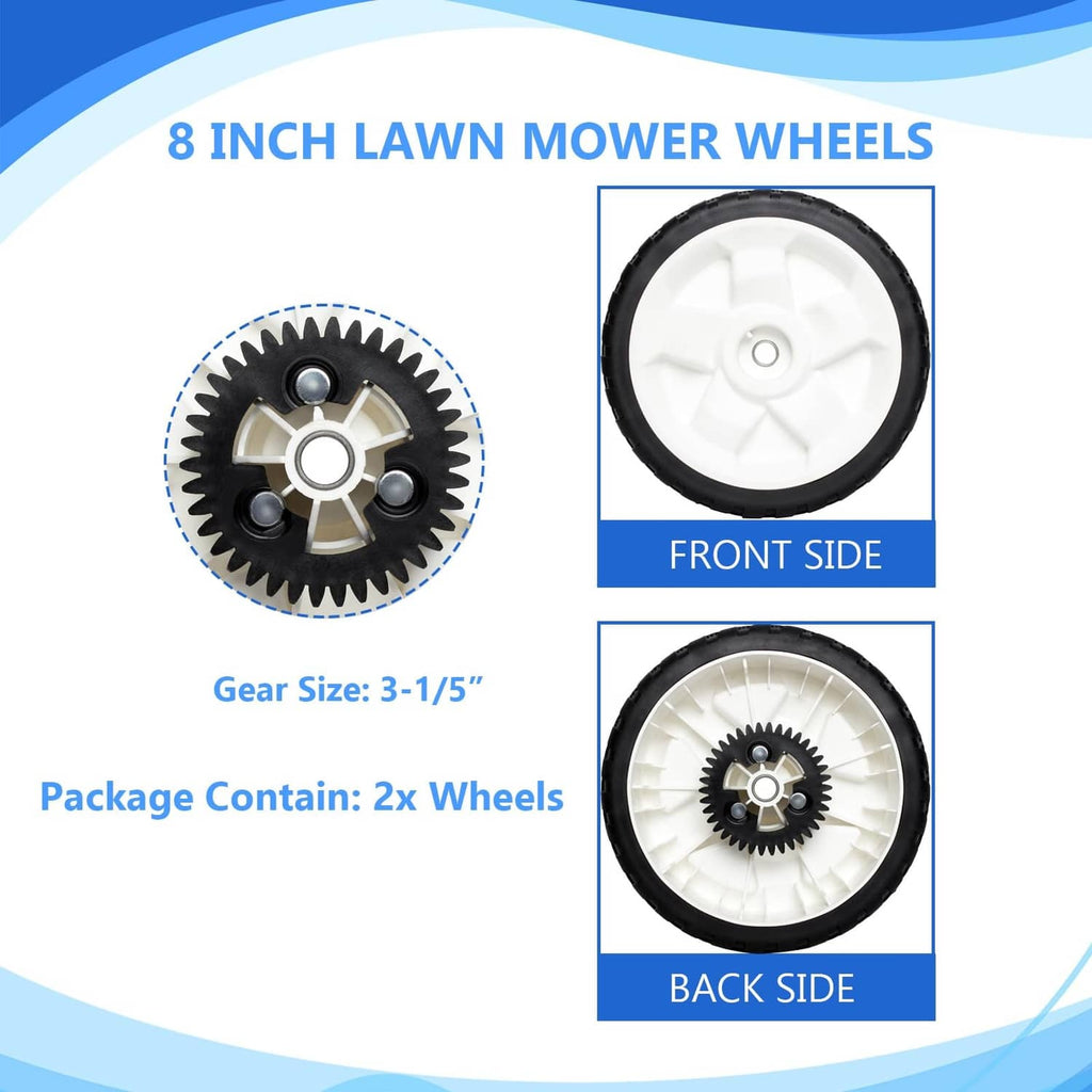 Front-side 8-inch lawn mower wheel with black rubber tire and white plastic hub