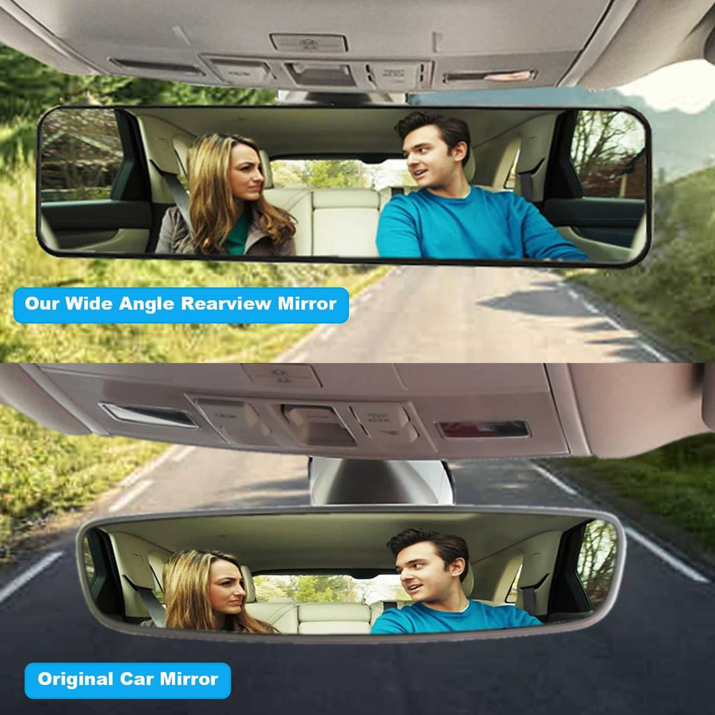 Wide-angle clip-on rear view mirror installed in car, reflective black housing