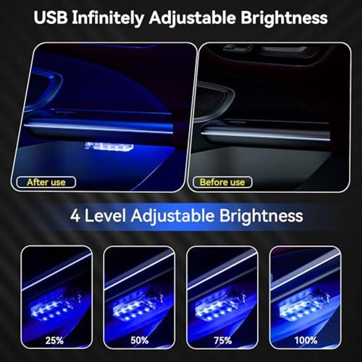 USB LED interior light strip showing adjustable brightness on dashboard area
