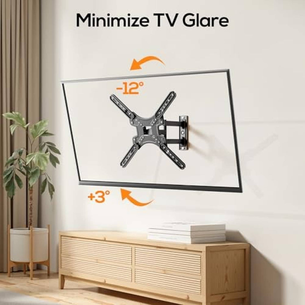 Black full-motion TV wall mount with tilting arms attached to wall bracket