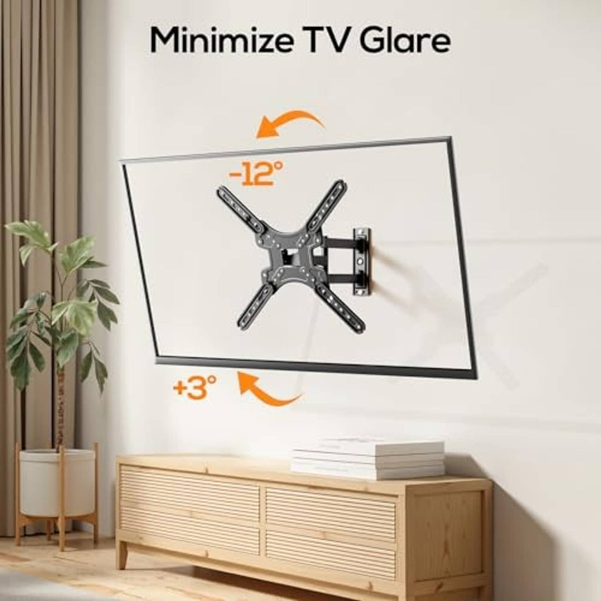 Black full-motion TV wall mount with tilting arms attached to wall bracket