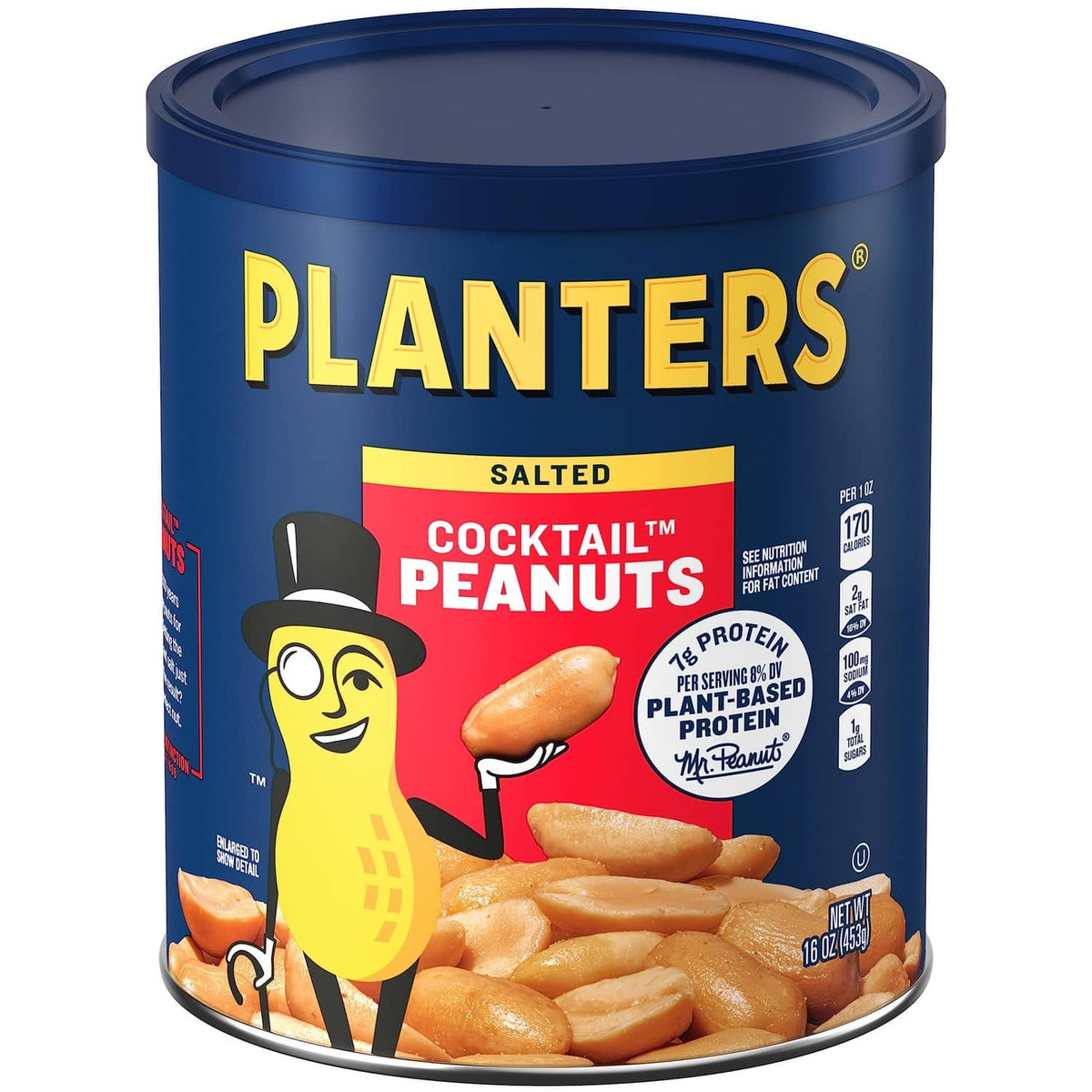 Planters salted peanuts snack can with peanuts illustration and lid