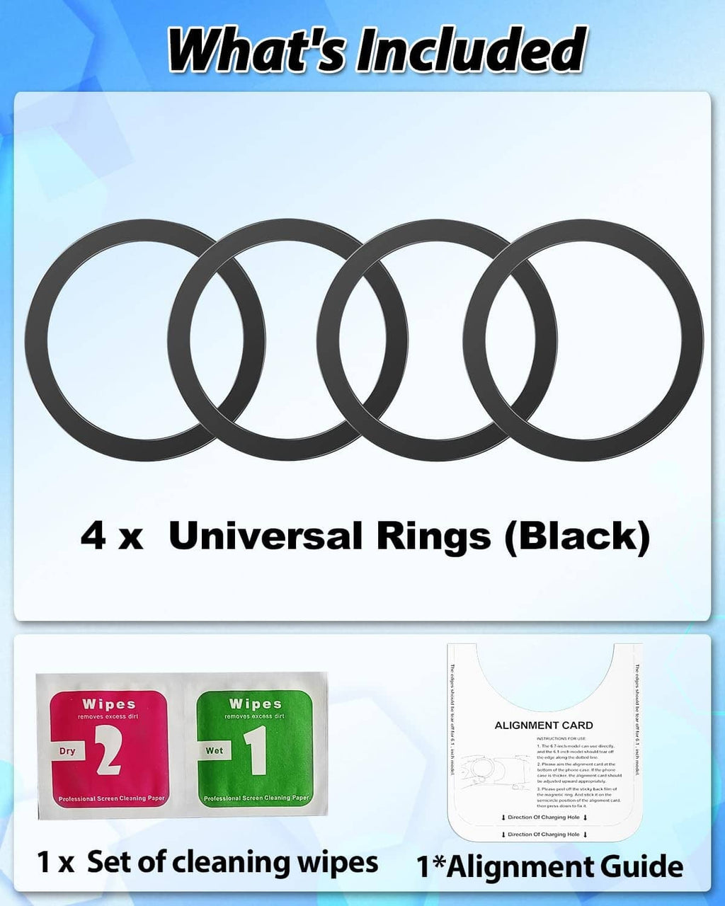 Included set: four black universal magnetic rings, cleaning wipes, and alignment card