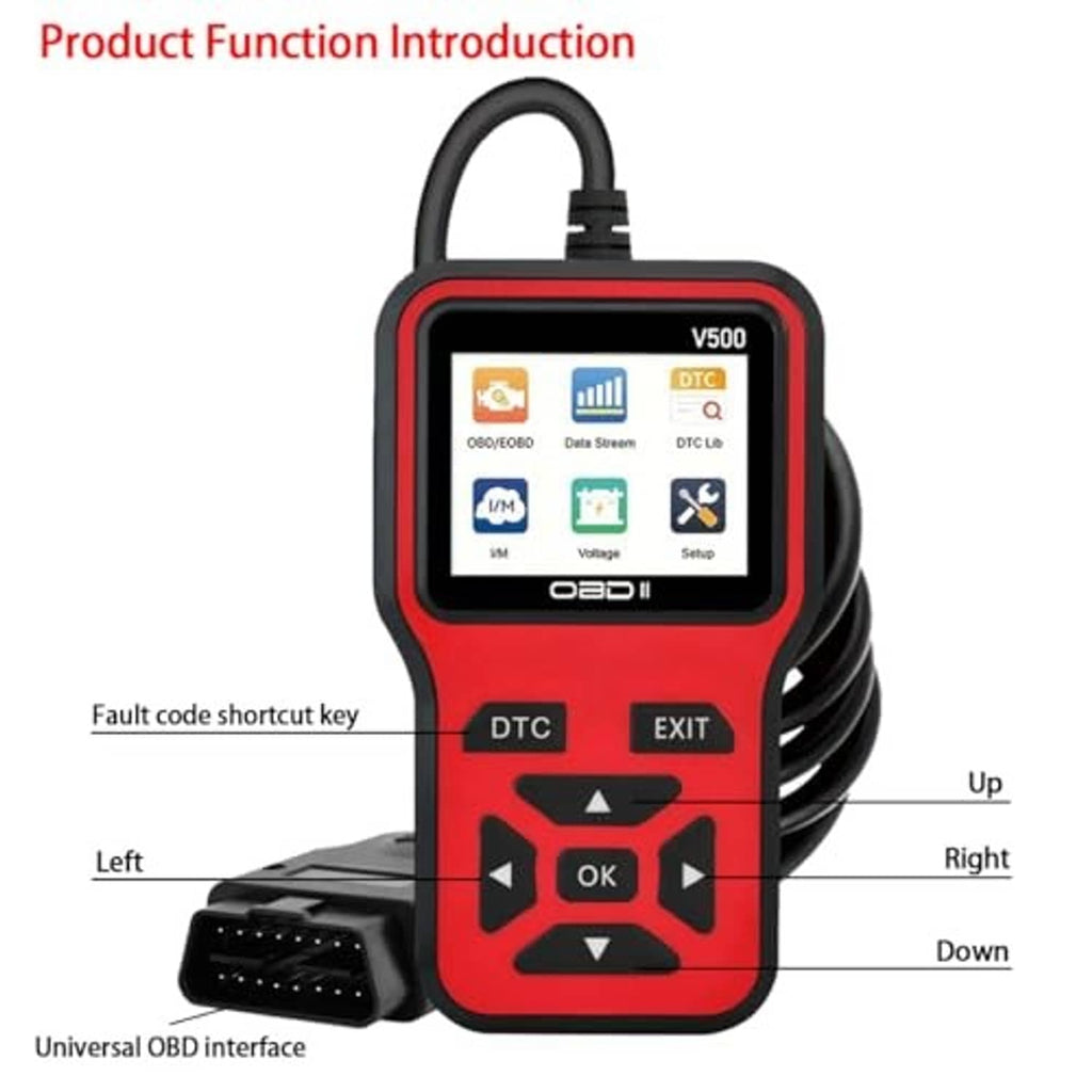Red OBD2 scanner tool with universal OBD interface and OK button keypad