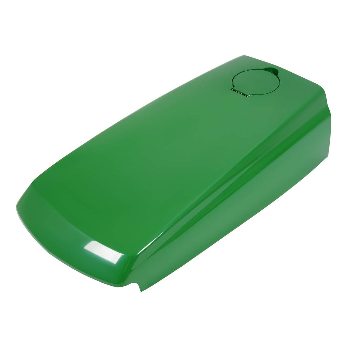 Green tractor upper hood angled view with fuel door cutout on top