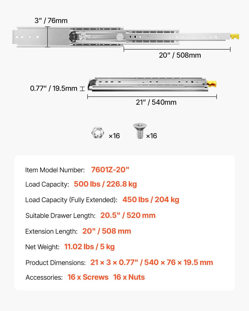 20-inch full-extension drawer slide rails with mounting hardware and load capacity details