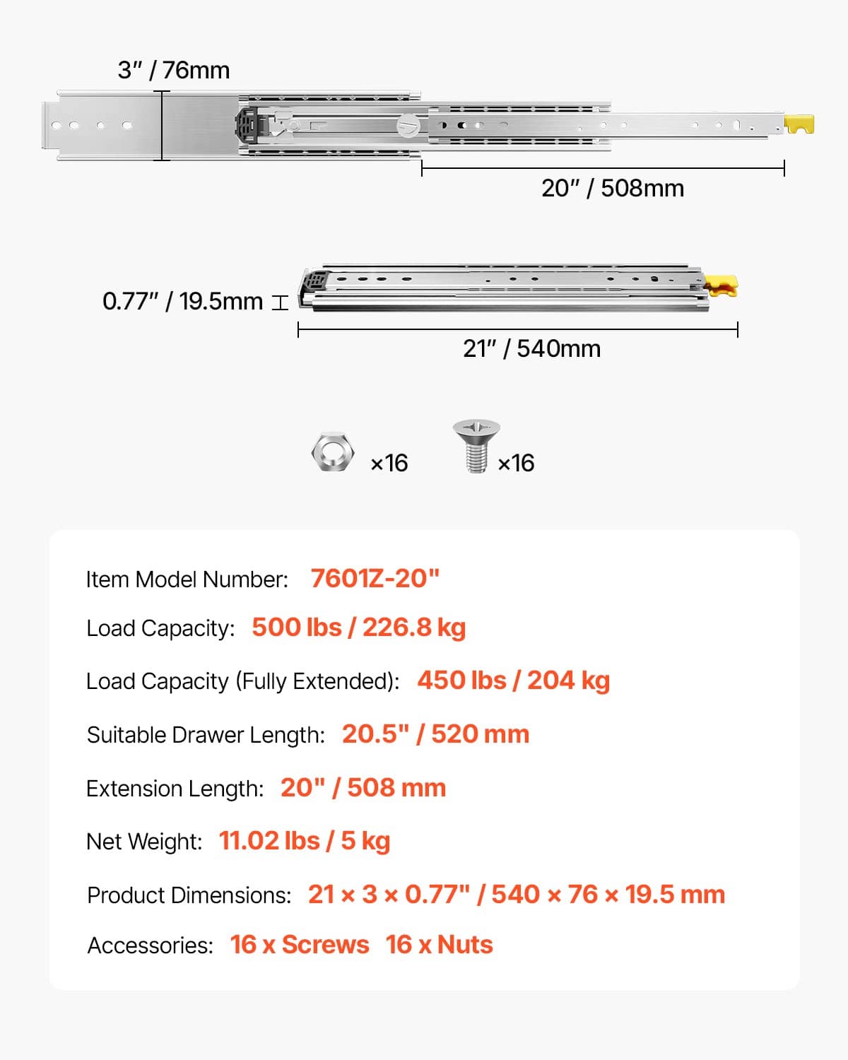 20-inch full-extension drawer slide rails with mounting hardware and load capacity details