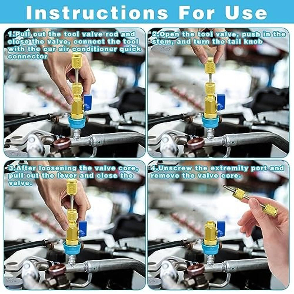 Hand using brass valve core remover on AC valve with blue and red couplers