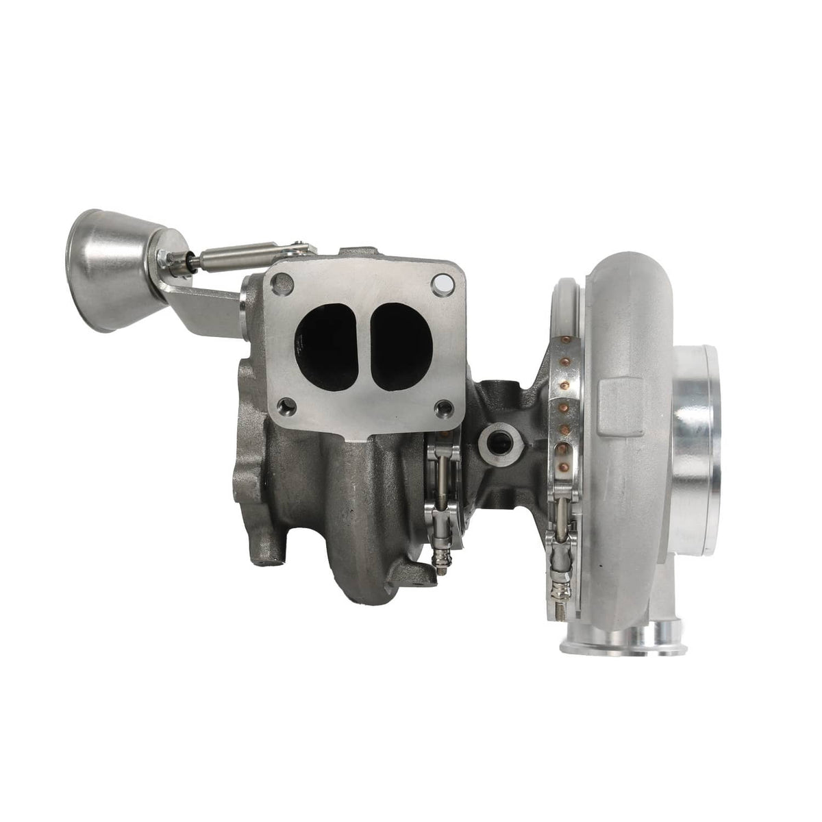 Turbocharger assembly with dual port mounting plate and outlet pipes