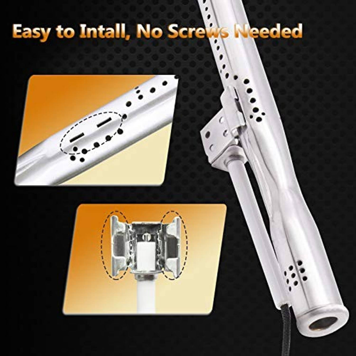 Perforated stainless burner tube with mounting bracket and no-screw install design
