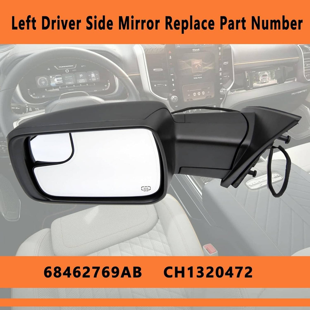 Heated driver side replacement mirror shown mounted on vehicle interior door