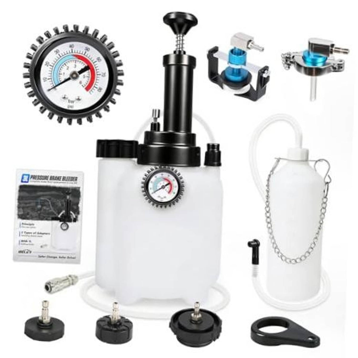 One-person manual brake bleeder kit with white reservoir, pressure gauge, and adapters