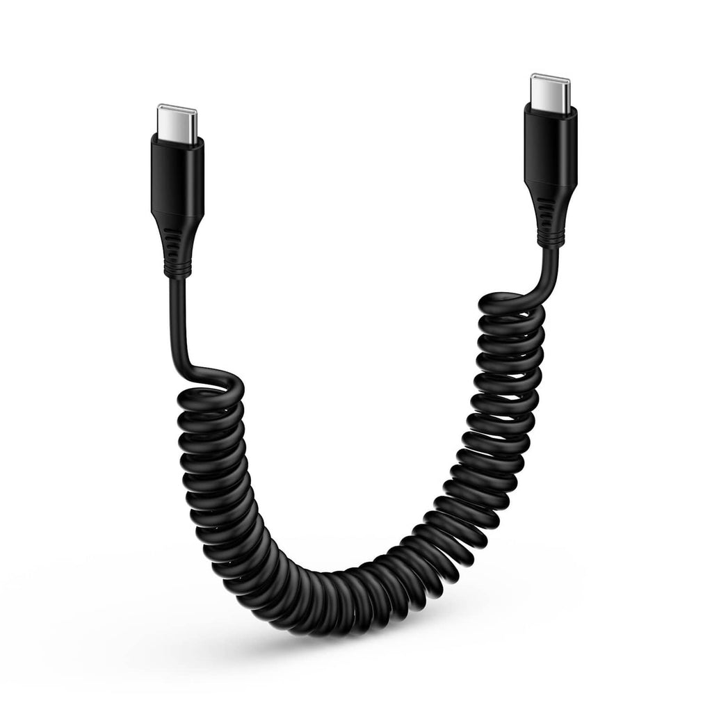 Black coiled USB-C to USB-C cable with USB-C connectors, flexible spring design