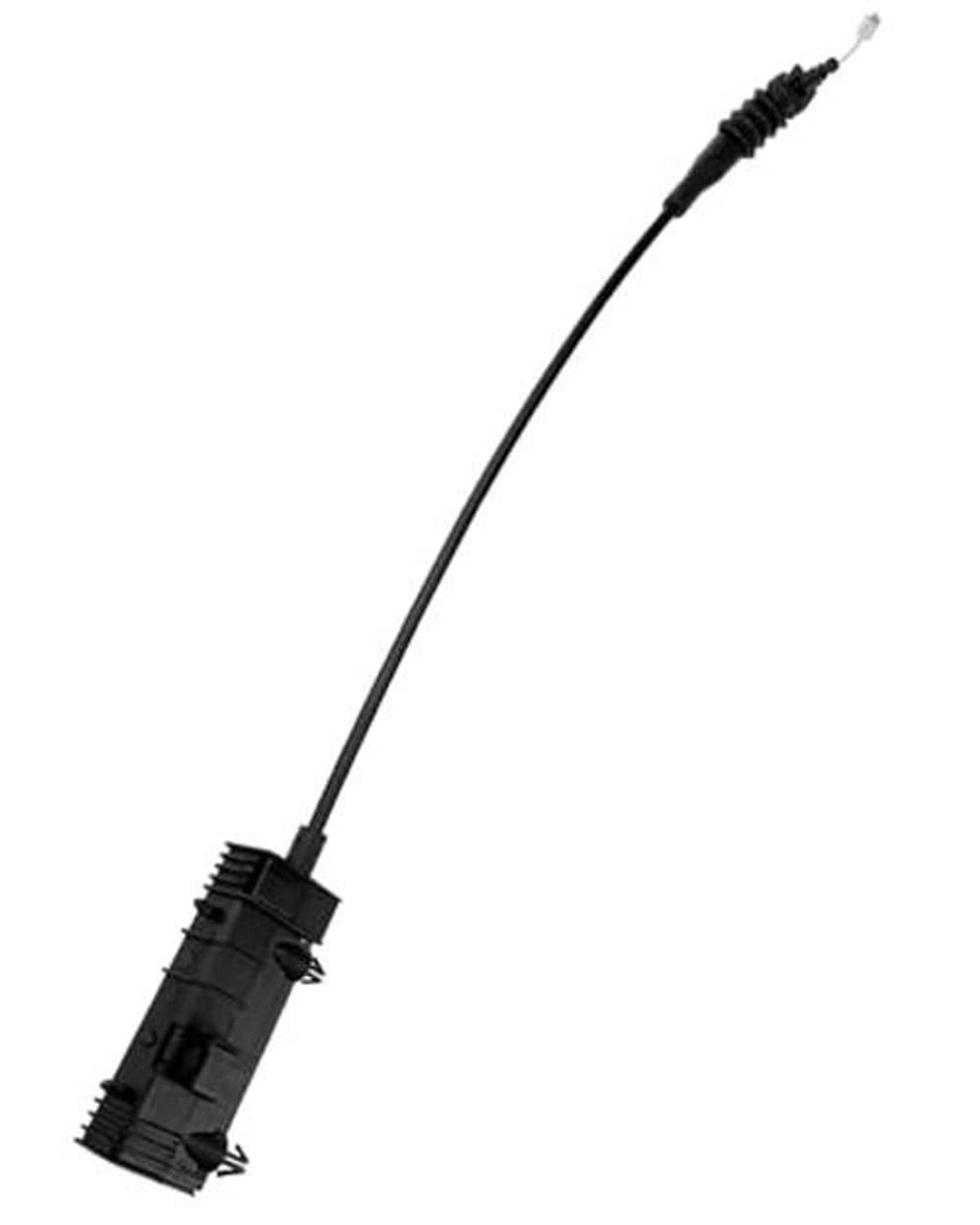 Hood release cable with black sheath and rectangular connector bracket