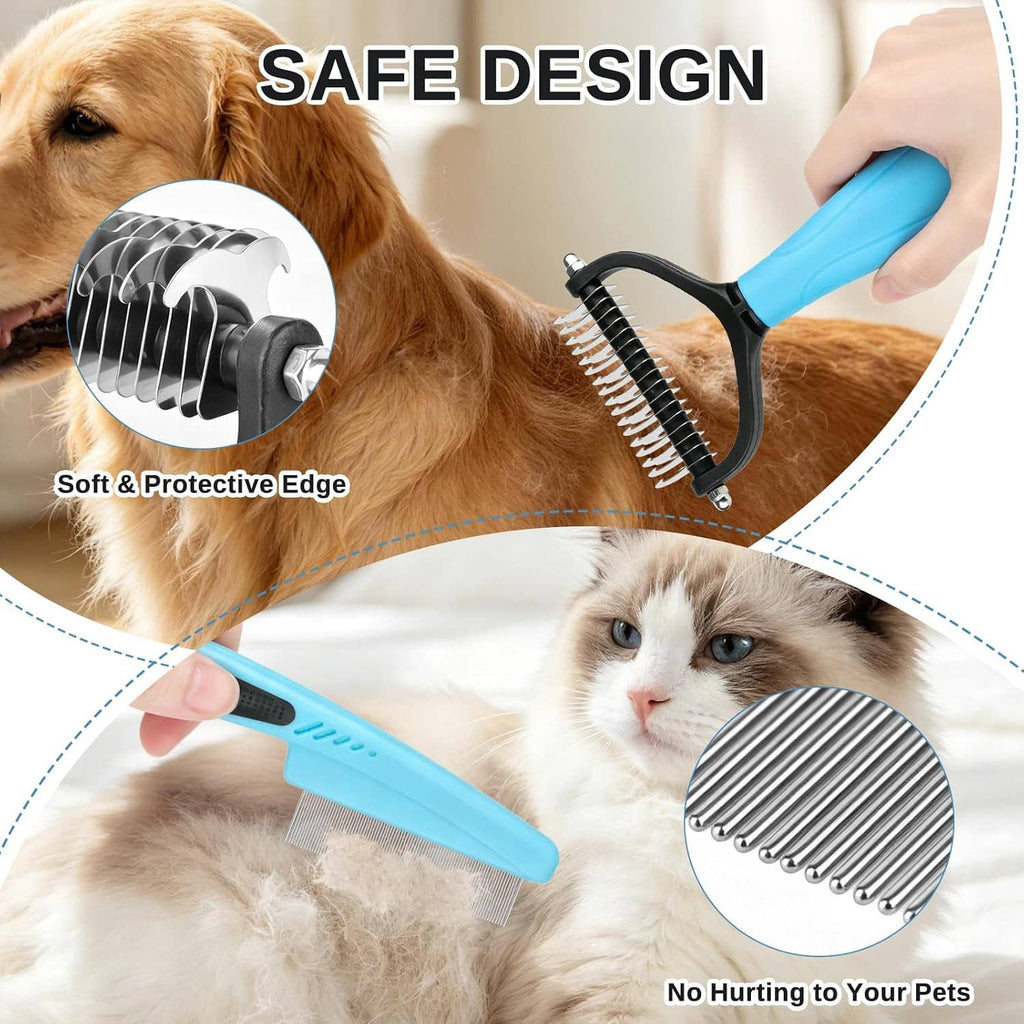 Pet grooming combo with soft protective edge, stainless teeth, and blue handles